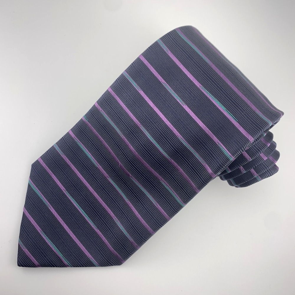 Boxelder Milwaukee Mens Tie Gray Purple & Teal Striped 100%‎ Silk Repp Necktie